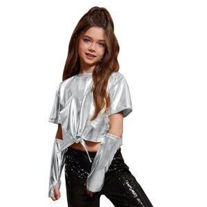 Girls Metallic Shiny Tie Front Knot Crop Top W/Arm Sleeves for Dancing, 12-13 yr
